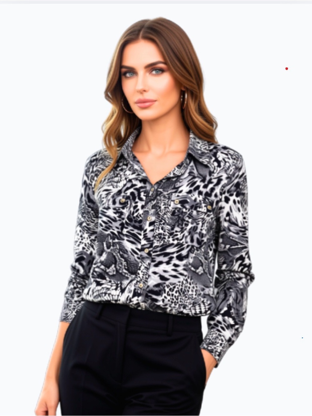 Ellen Tracy Black & White Animal Print Button-Up Blouse Silky Lightweight Blend